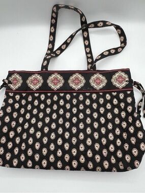 Vera Bradley Black Quilted Tote with Cream and Burgundy Medallion Trim